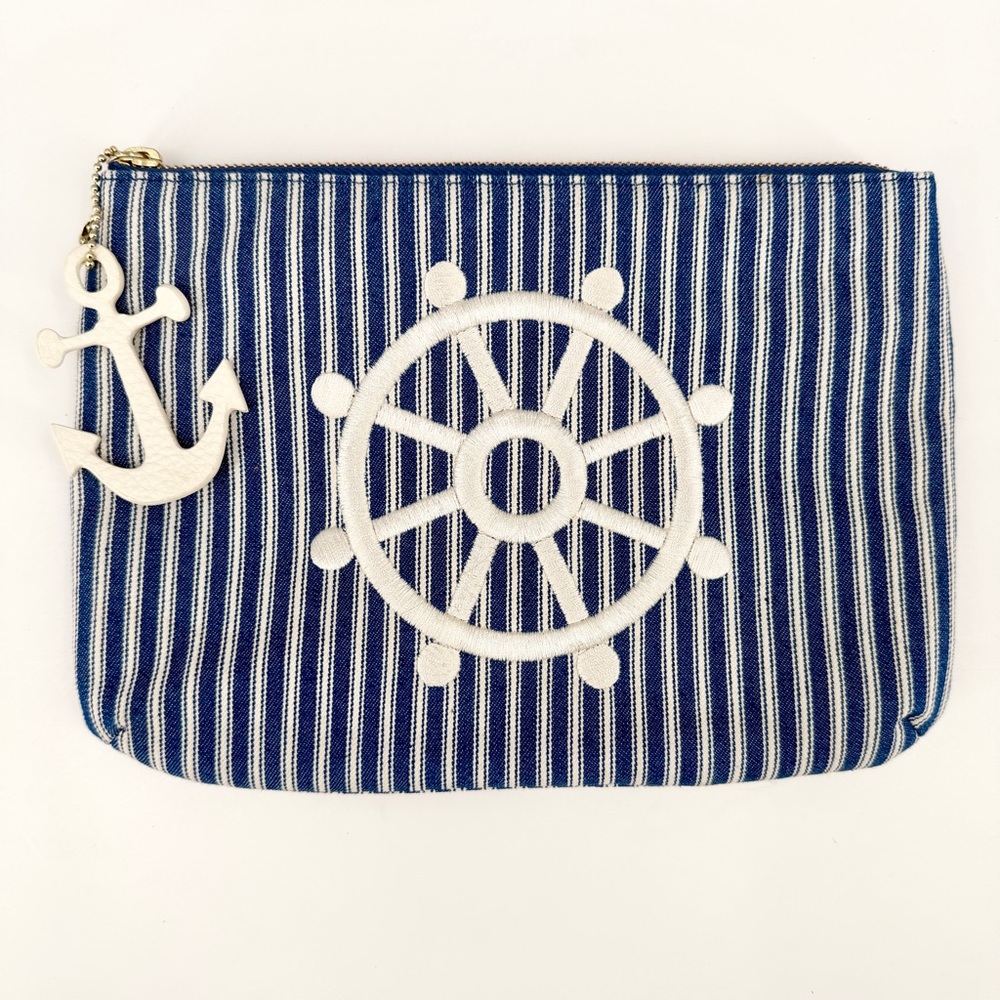 Talbots Embroidered Striped Cosmetic Makeup Purse Tote Bag Pouch Nautical Anchor